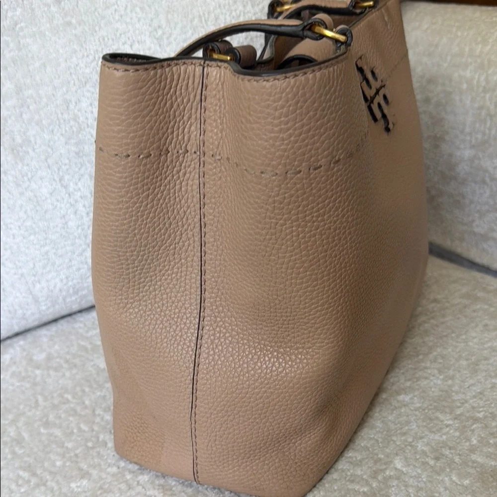 Tory Burch Beige/Tan Pebbled Leather Tote with Logo